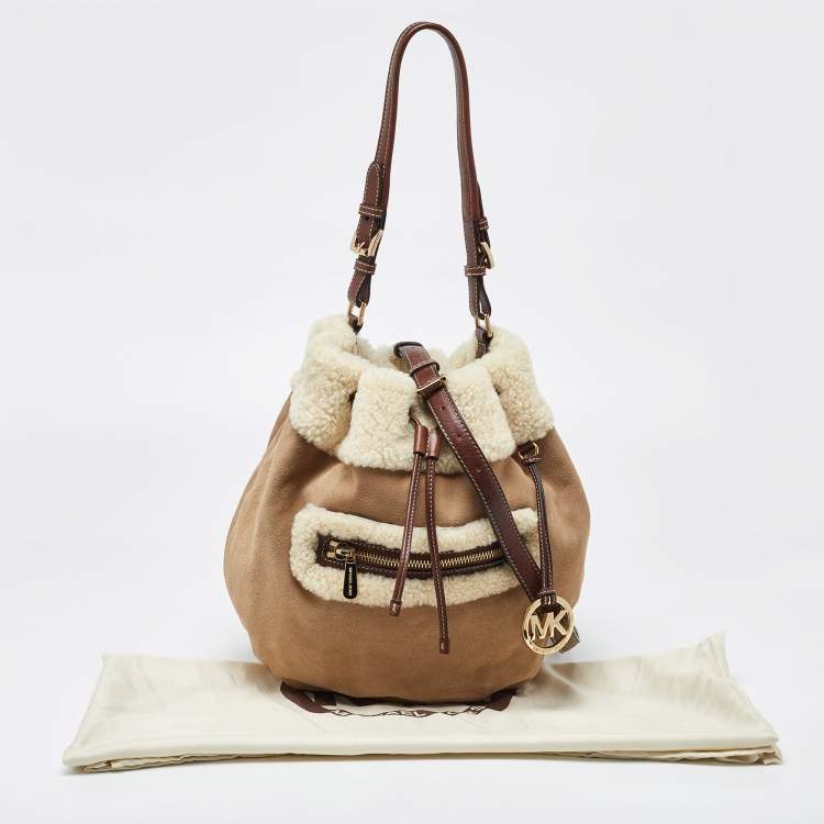 Pre Owned MICHAEL Michael Kors Beige/Brown Suede and Shearling Fur Bucket Bag
