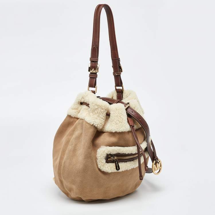 Pre Owned MICHAEL Michael Kors Beige/Brown Suede and Shearling Fur Bucket Bag