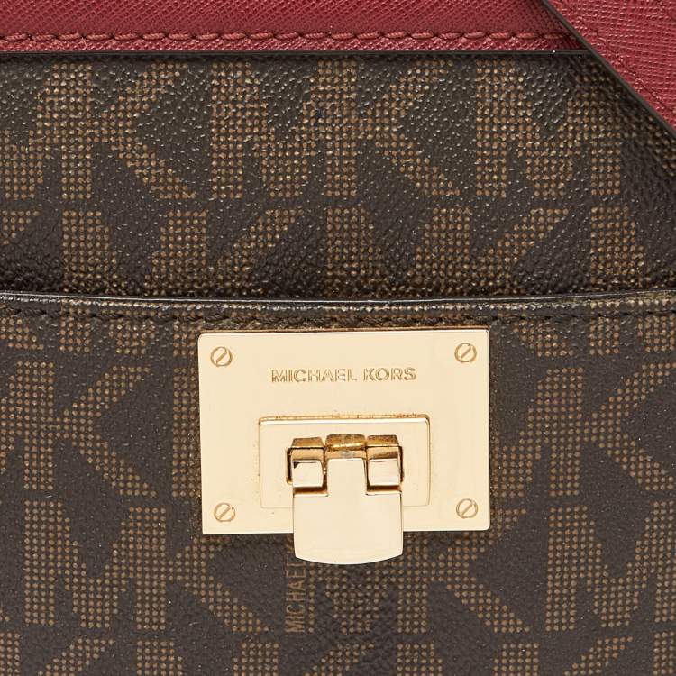 Pre Owned MICHAEL Michael Kors Brown/Red Signature Coated Canvas and Leather Tina Tote