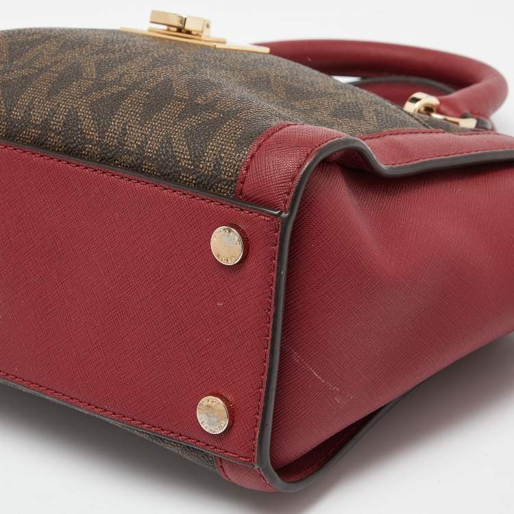 Pre Owned MICHAEL Michael Kors Brown/Red Signature Coated Canvas and Leather Tina Tote
