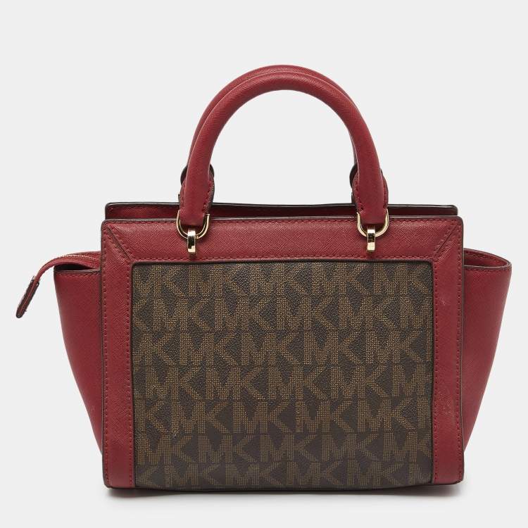 Pre Owned MICHAEL Michael Kors Brown/Red Signature Coated Canvas and Leather Tina Tote
