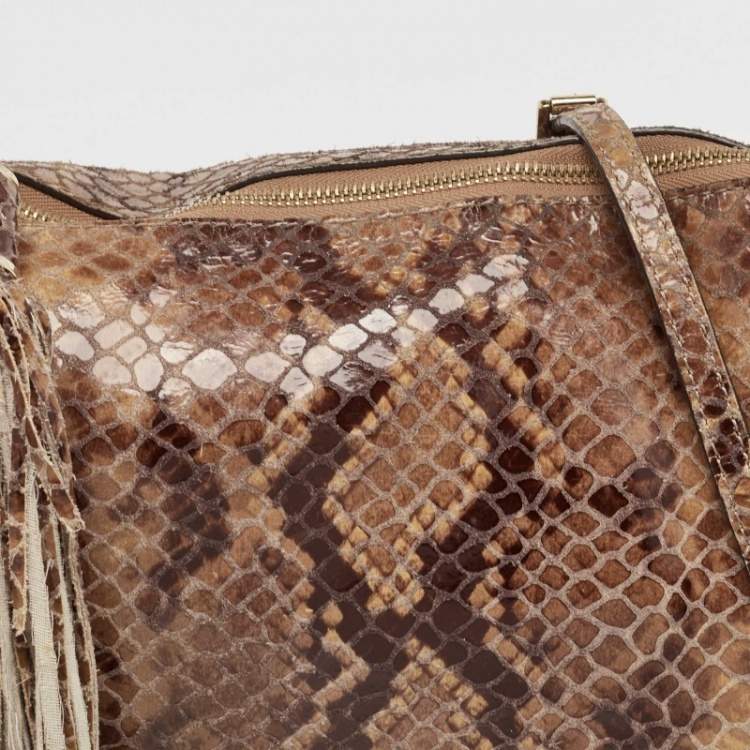 Pre Owned Michael Kors Brown/Black Python Embossed Patent Leather Tassel Hobo