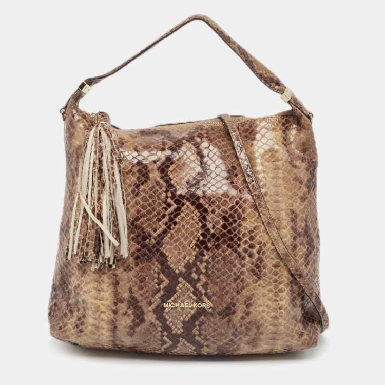 Pre Owned Michael Kors Brown/Black Python Embossed Patent Leather Tassel Hobo
