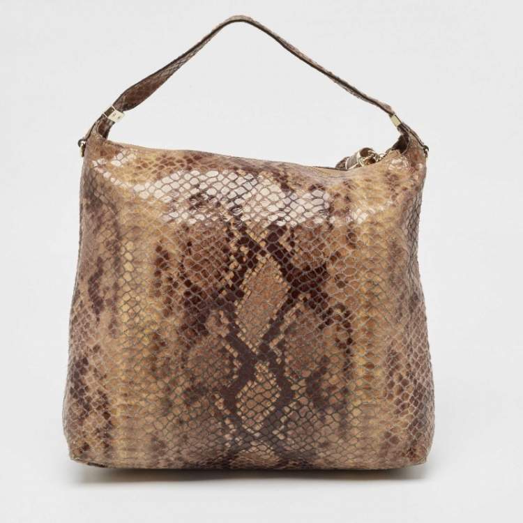 Pre Owned Michael Kors Brown/Black Python Embossed Patent Leather Tassel Hobo