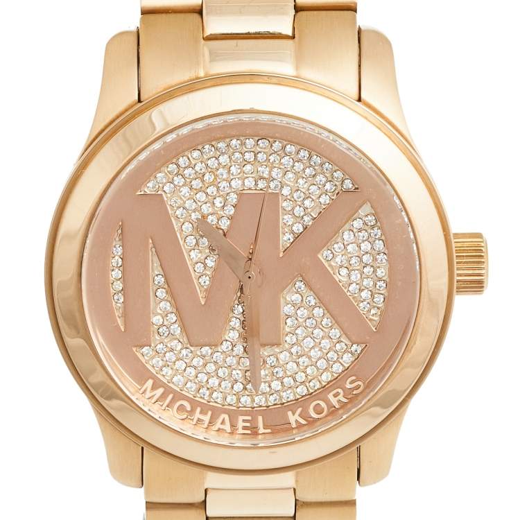 Pre Owned Michael Kors Champagne Rose Gold Plated Stainless Steel Runway MK-5661 Women's Wristwatch 45 mm