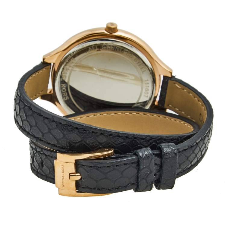 Pre Owned Michael Kors Champagne Rose Gold Plated Stainless Steel Leather Slim Runway MK2322 Woman's Wristwatch 42 mm