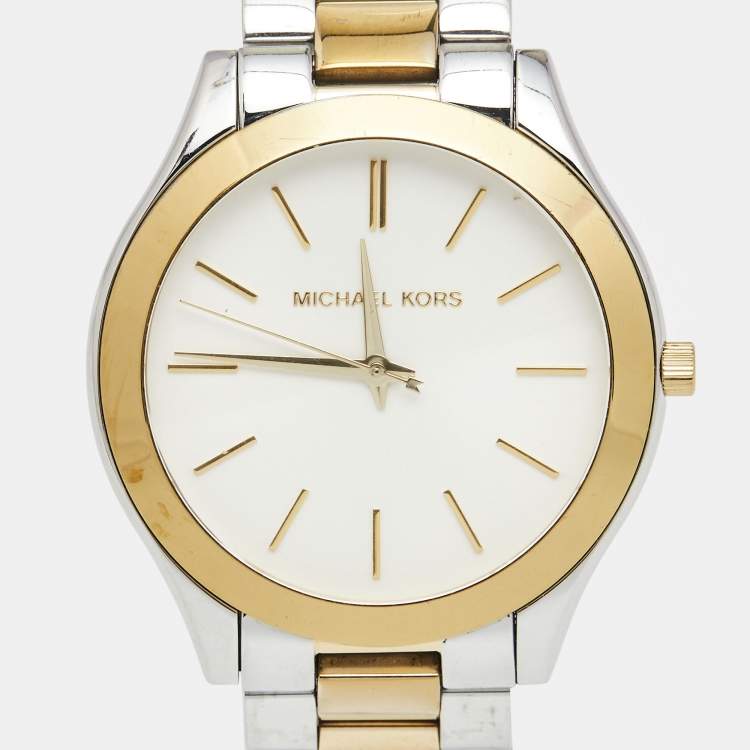 Pre Owned Michael Kors White Two-Tone Stainless Steel Slim Runway MK3198 Unisex Wristwatch 40 mm