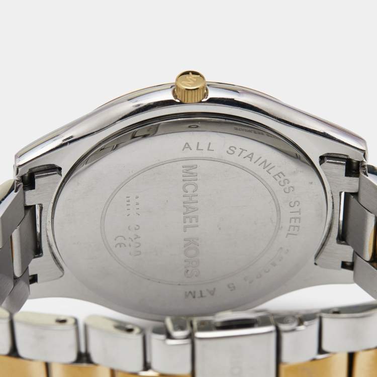 Pre Owned Michael Kors White Two-Tone Stainless Steel Slim Runway MK3198 Unisex Wristwatch 40 mm