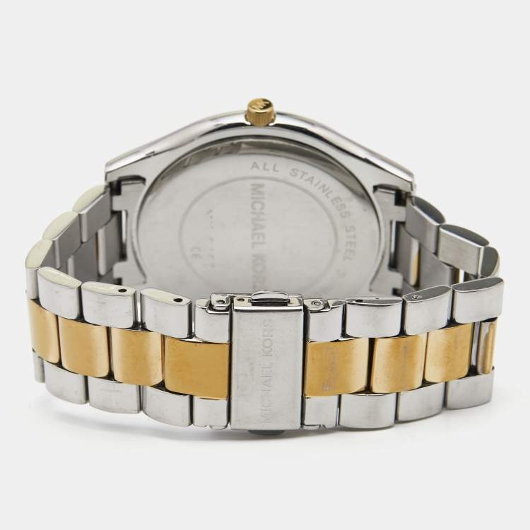 Pre Owned Michael Kors White Two-Tone Stainless Steel Slim Runway MK3198 Unisex Wristwatch 40 mm