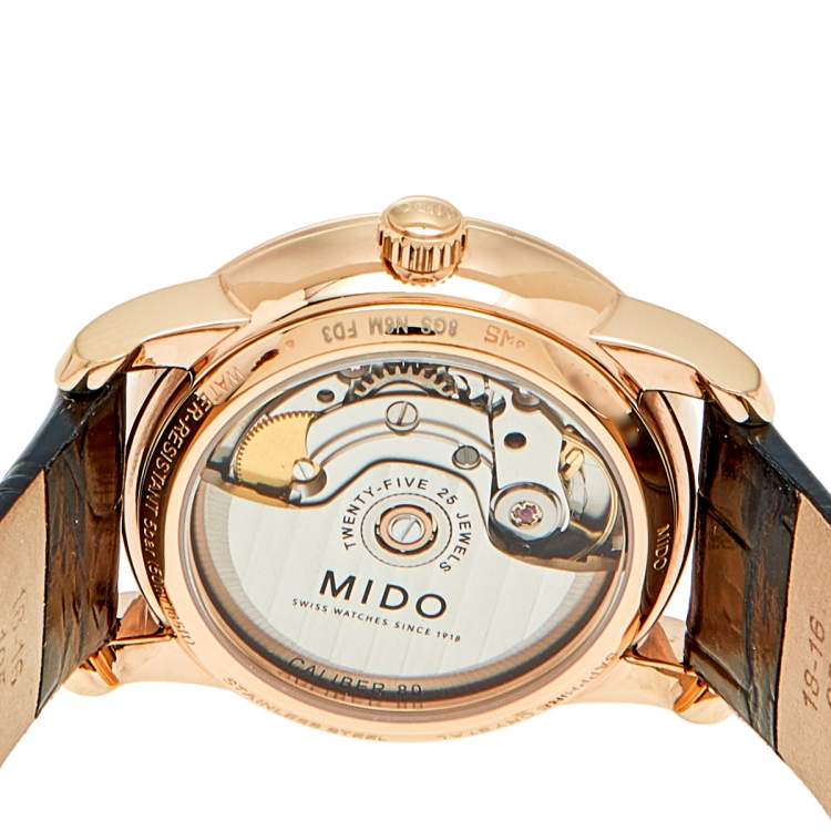 مملوكة مسبقًا Mido Mother Of Pearl Rose Gold Plated Stainless Steel Leather Baroncelli Prisma M007.207.36.116.00 Women's Wristwatch 33 mm