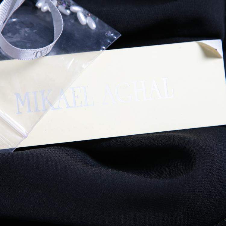Pre Owned Mikael Aghal Black Silk Embellished Neckline Detail Dress S