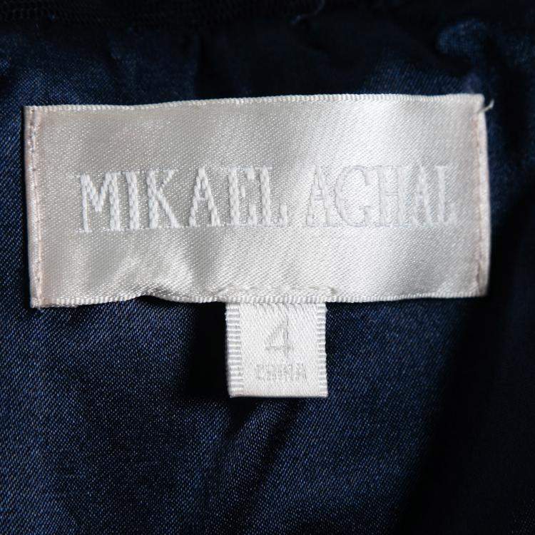Pre Owned Mikael Aghal Navy Blue Rosette Applique Embellished Sheer Yoke Sleeveless Dress S
