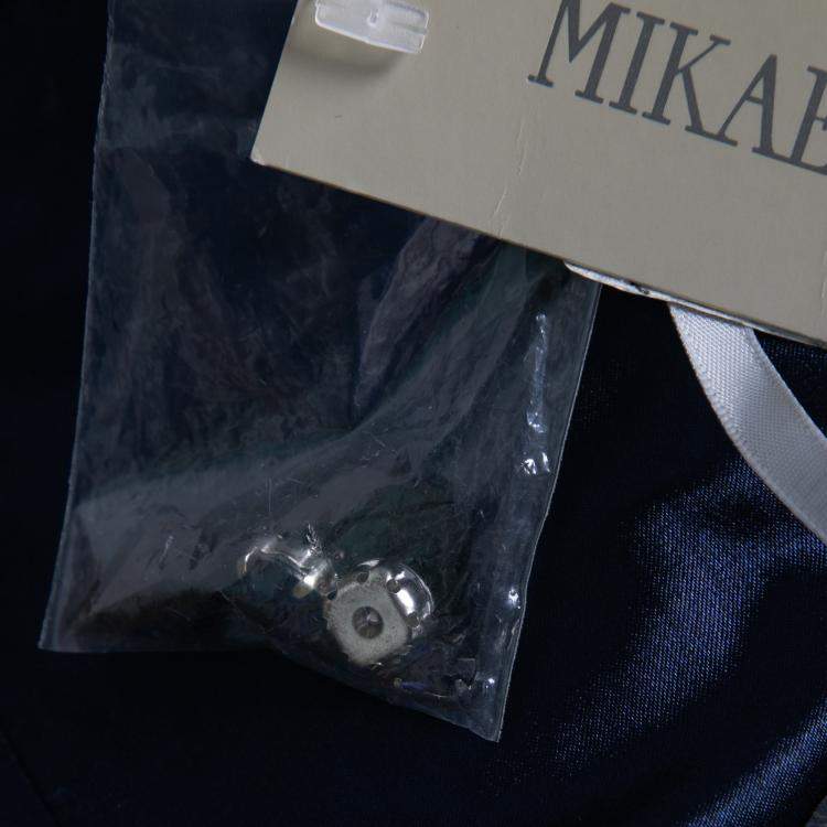 Pre Owned Mikael Aghal Navy Blue Rosette Applique Embellished Sheer Yoke Sleeveless Dress S
