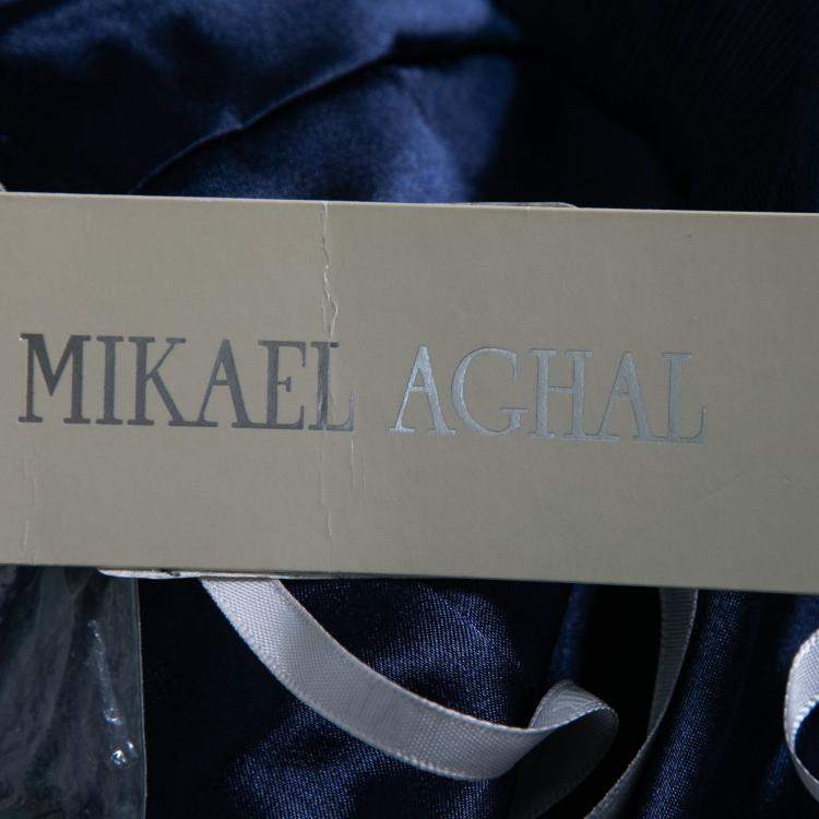 Pre Owned Mikael Aghal Navy Blue Rosette Applique Embellished Sheer Yoke Sleeveless Dress S