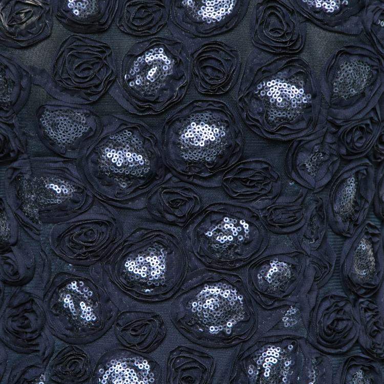 Pre Owned Mikael Aghal Navy Blue Rosette Applique Embellished Sheer Yoke Sleeveless Dress S