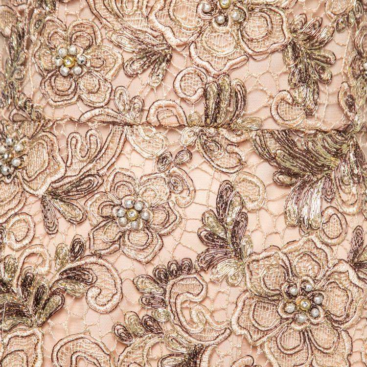 Pre Owned Mikael Aghal Gold Embellished Lace Cocktail Dress S