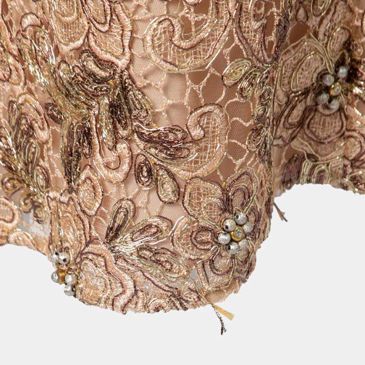 Pre Owned Mikael Aghal Gold Embellished Lace Cocktail Dress S
