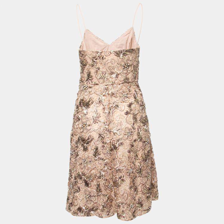 Pre Owned Mikael Aghal Gold Embellished Lace Cocktail Dress S