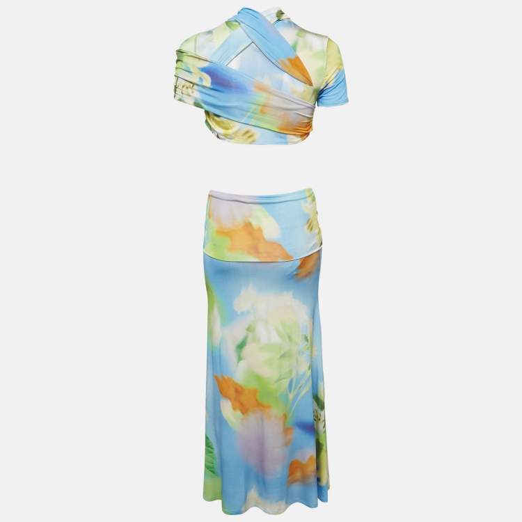 مملوكة مسبقًا Mirae Green Jersey Tani Lilies Top and Skirt Set M