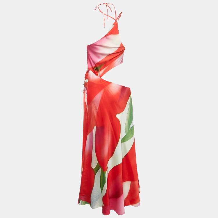 Pre Owned Mirae Multicolor Printed Satin Cu-Out Ocean Tulip Dress S