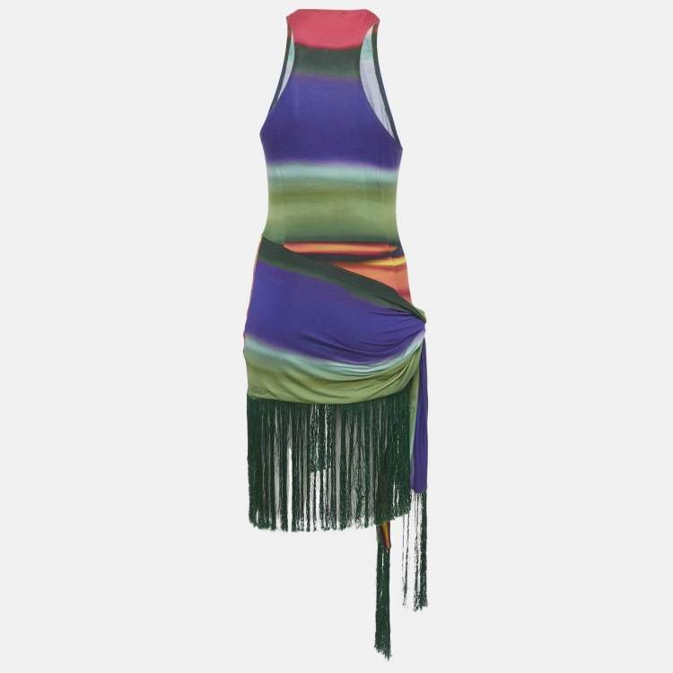 Pre Owned Mirae Multicolor Jersey Fringed Asymmetric Short Dress S