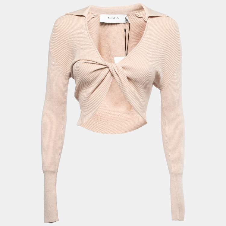 Pre Owned Misha Beige Ribbed Knit Knotted Cropped Top XS