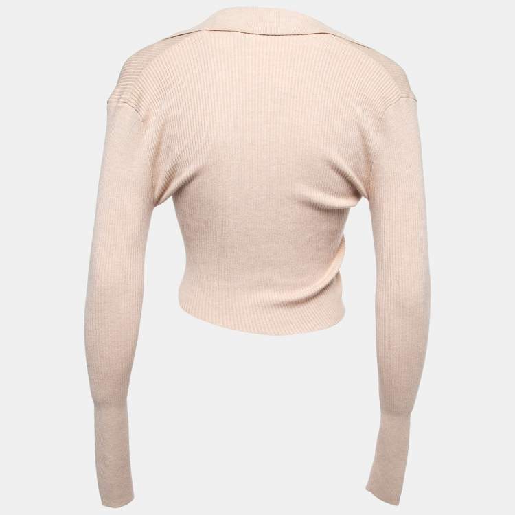 Pre Owned Misha Beige Ribbed Knit Knotted Cropped Top XS