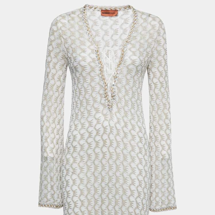 Pre Owned Missoni Mare White Lurex Knit Front Tie Long Sleeve Slit Maxi Dress M