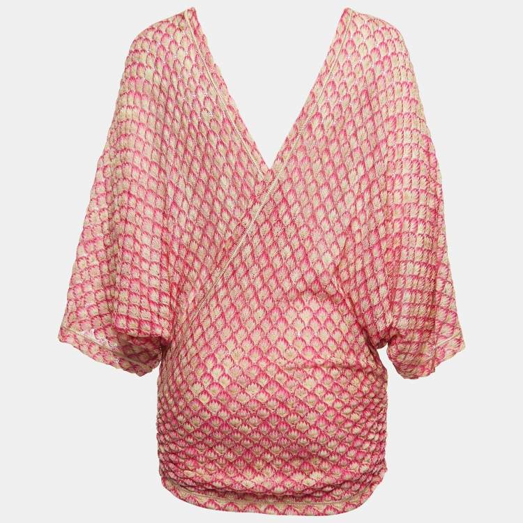 Pre Owned Missoni Mare Pink Patterned Knit Ruch detailed Kimono Sleeve Top S