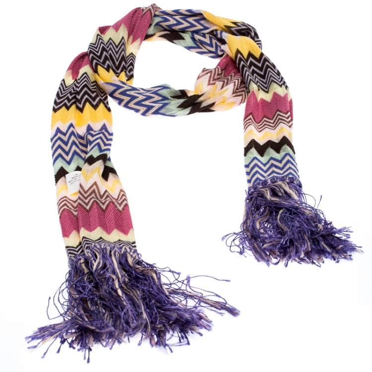 Pre Owned Missoni Multicolor Chevron Knit Fringed Scarf