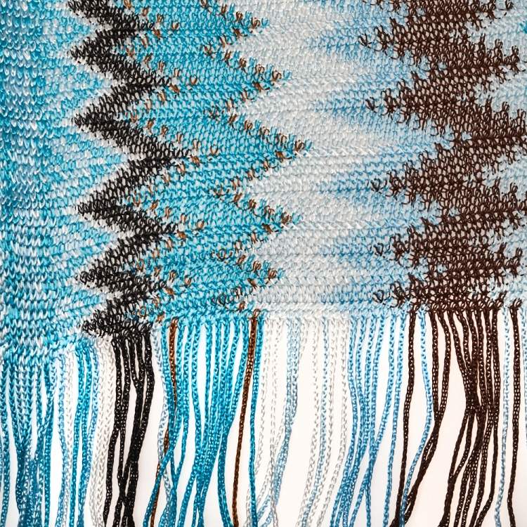 Pre Owned Missoni Blue Zig Zag Knit Fringed Scarf