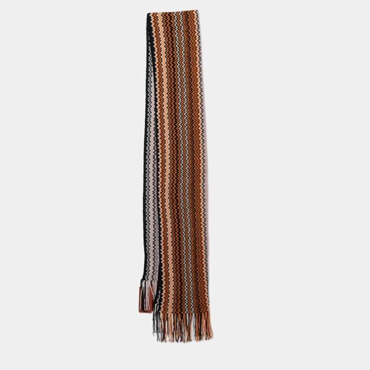 Pre Owned Missoni Multicolor Chevron Pattern Knit Fringed Wool Blend Scarf