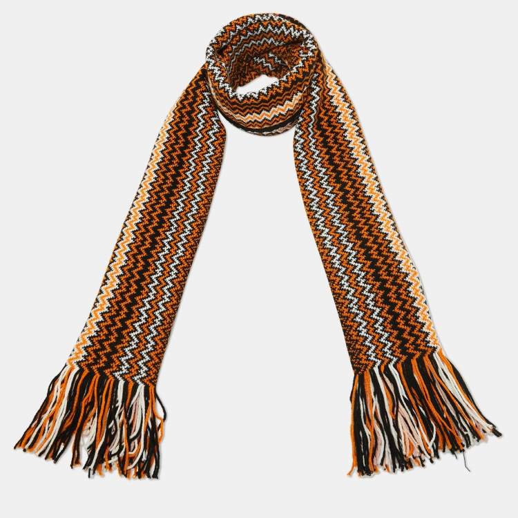 Pre Owned Missoni Multicolor Chevron Pattern Knit Fringed Wool Blend Scarf