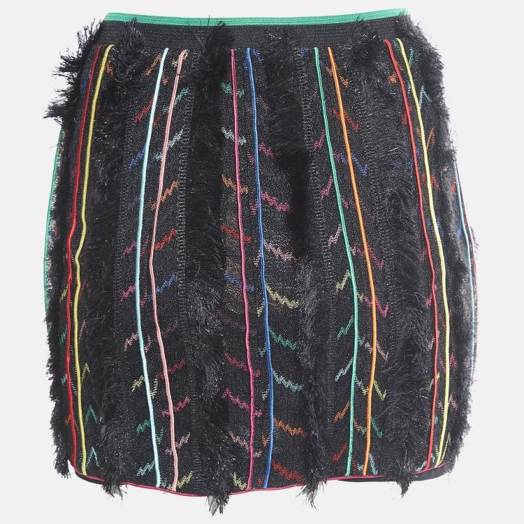 Pre Owned Missoni Black Stripe Lurex Knit Fringed Mini Skirt S