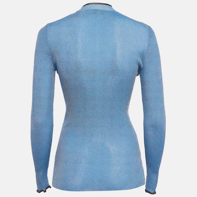 Pre Owned Missoni Blue Lurex Rib Knit Mock Neck Top M