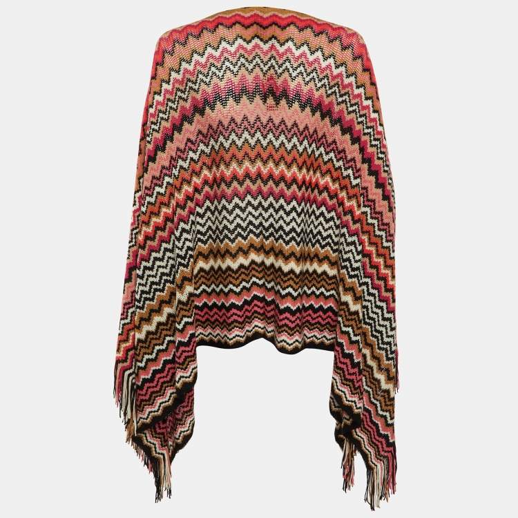Pre Owned Missoni Multicolor Chevron Knit Fringed Poncho One Size