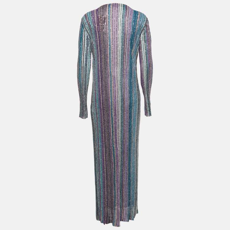 Pre Owned Missoni Blue Sequined Lured Knit Long Cardigan L