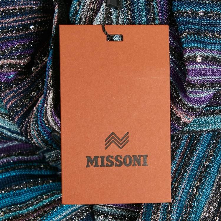 Pre Owned Missoni Blue Sequined Lured Knit Long Cardigan L