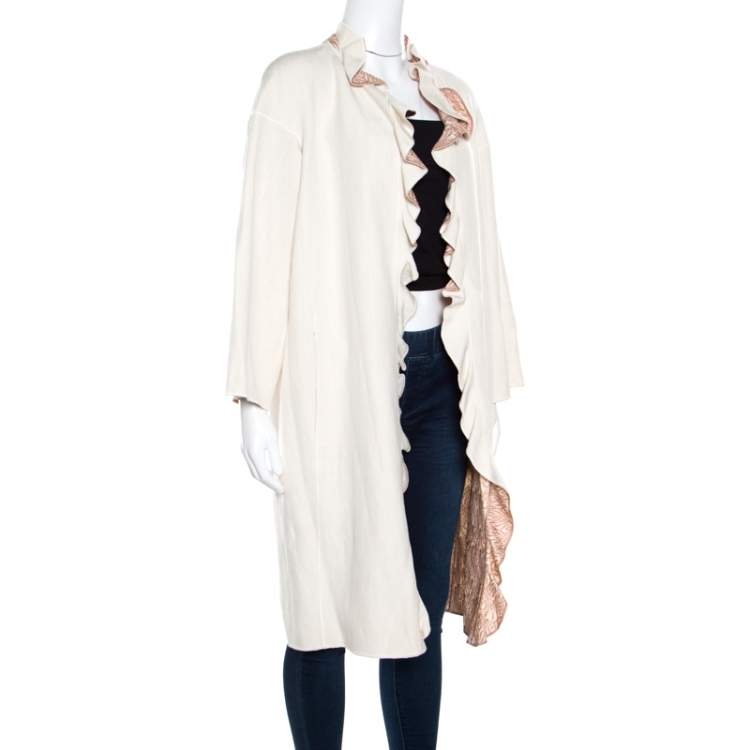 Pre Owned Missoni Off White Silk and Linen Blend Ruffle Detail Contrast Lined Long Coat M