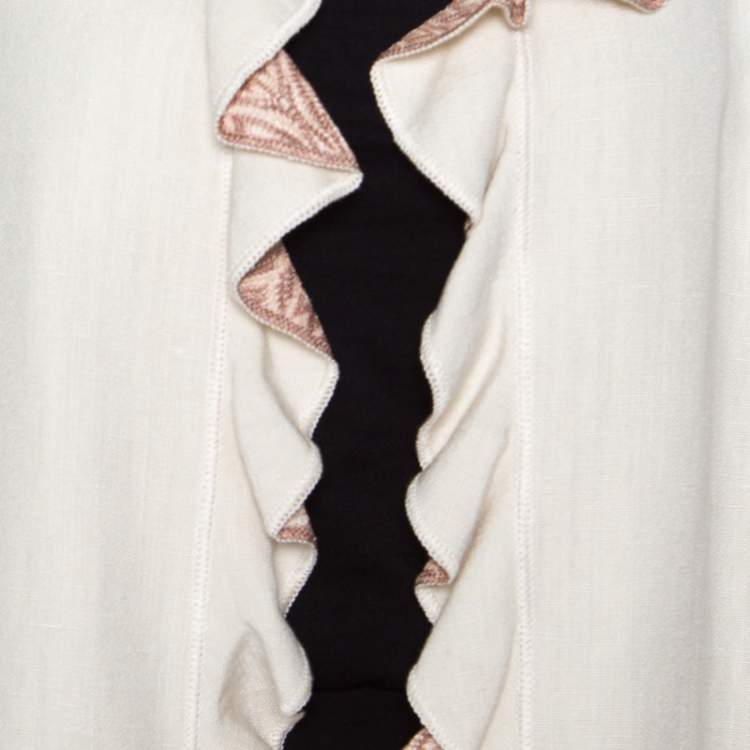 Pre Owned Missoni Off White Silk and Linen Blend Ruffle Detail Contrast Lined Long Coat M