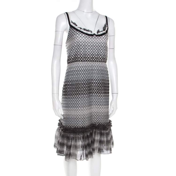 Pre Owned Missoni Monochrome Textured Knit Flounce Hem Detail Metallic Strappy Dress M