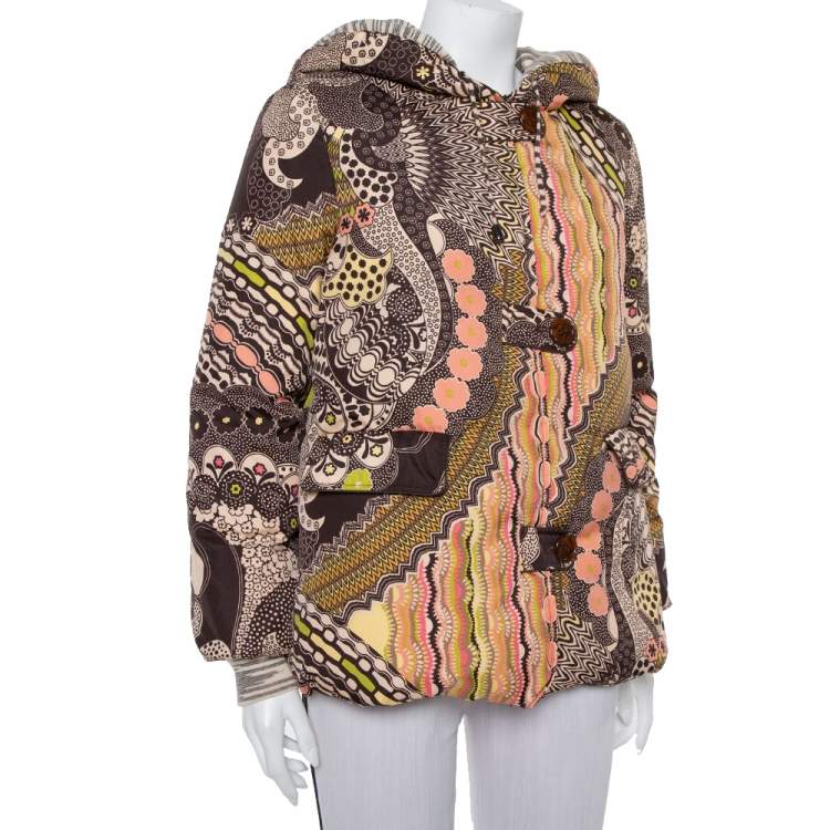 Pre Owned Missoni Brown Abstract Printed Synthetic Hooded Puffer Jacket S