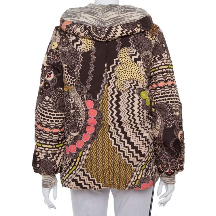 Pre Owned Missoni Brown Abstract Printed Synthetic Hooded Puffer Jacket S