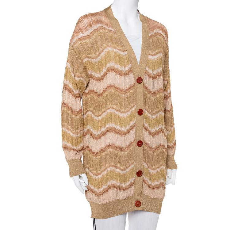 Pre Owned M Missoni Gold Lurex Knit Wave Pattern Button Front Cardigan L