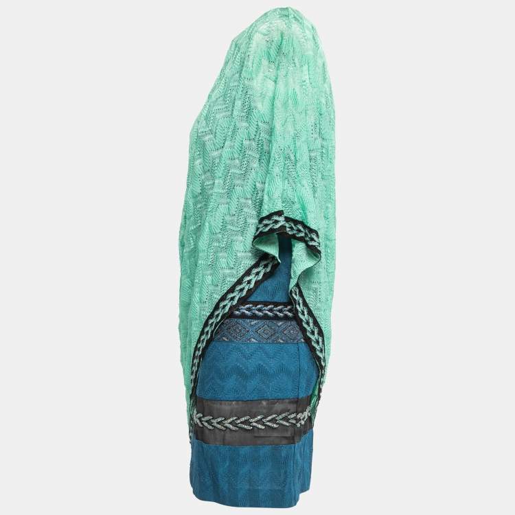 Pre Owned Missoni Green/Blue Embellished Knit Layer Draped One Shoulder Short Dress S