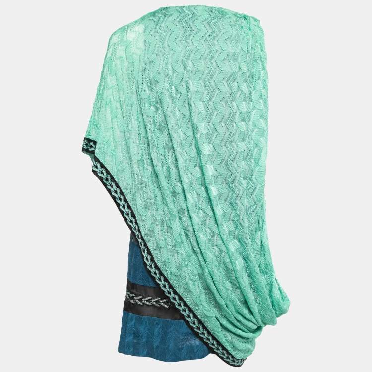 Pre Owned Missoni Green/Blue Embellished Knit Layer Draped One Shoulder Short Dress S