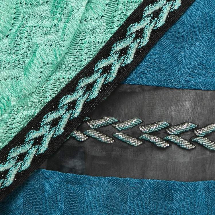 Pre Owned Missoni Green/Blue Embellished Knit Layer Draped One Shoulder Short Dress S
