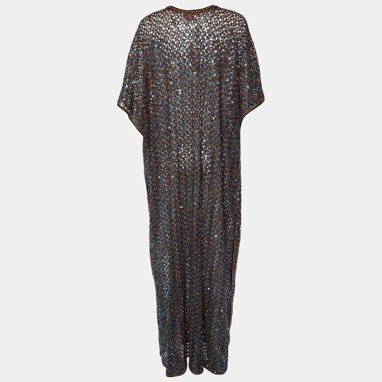 Pre Owned Missoni Sequined Crochet Knit Wool Blend Kaftan Dress L