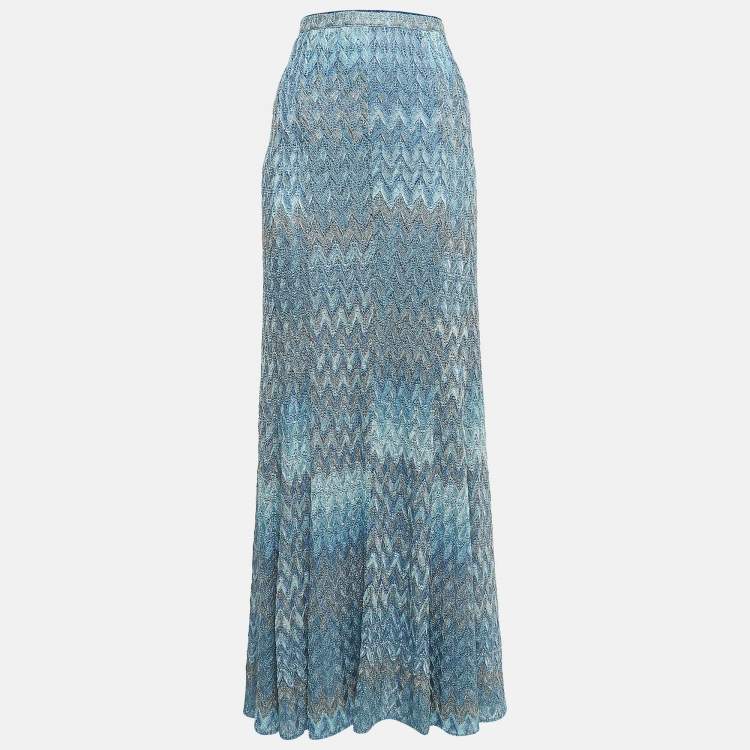 Pre Owned Missoni Metallic Blue/Silver Patterned Knit Maxi Skirt M