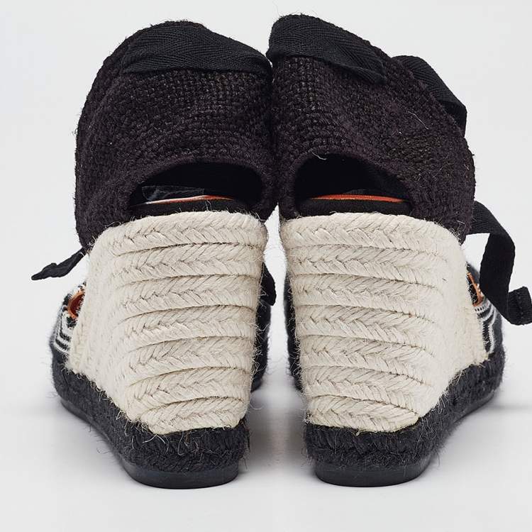Pre Owned Missoni Black/White Fabric and Raffia Wedge Sandals Size 37